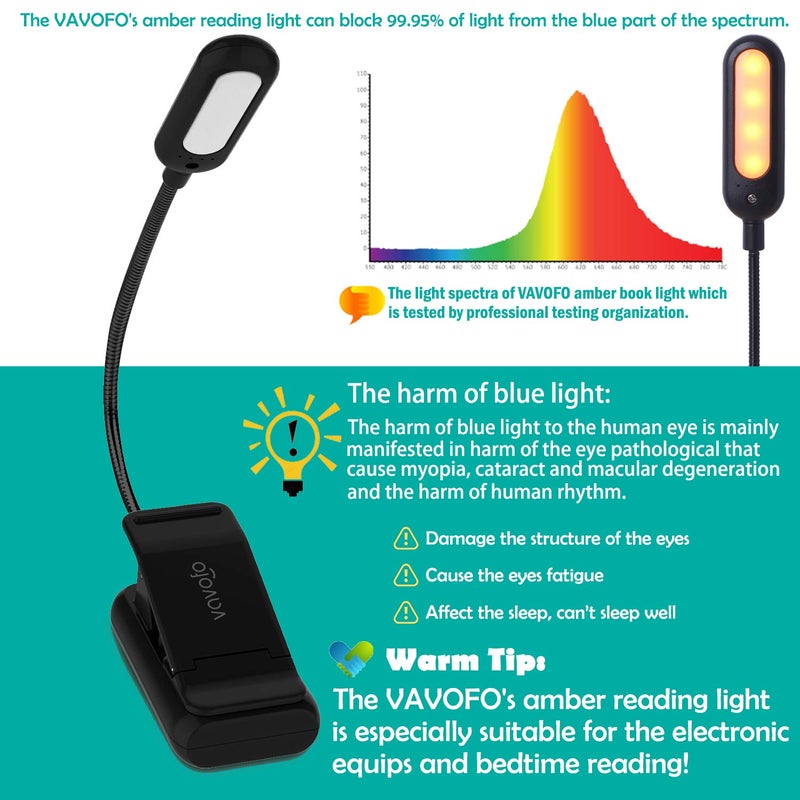 VAVOFO Amber Rechargeable Reading Light, Blue Light Blocking Book Light, 7 LEDs Eye Care 9 Colors 9 Brightness Clip On for Kids Bookworms Reading in Bed with Power Indicator Lasting 70h (Black) - Image 3